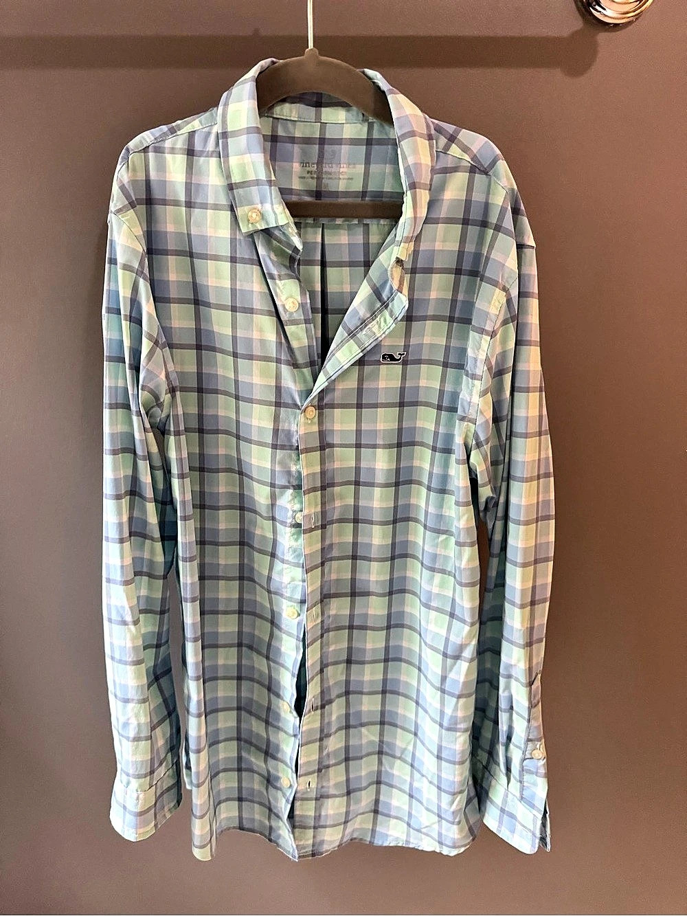 Vineyard Vines Boys Performance Plaid Button Down Shirt Blue Aqua M 12-14